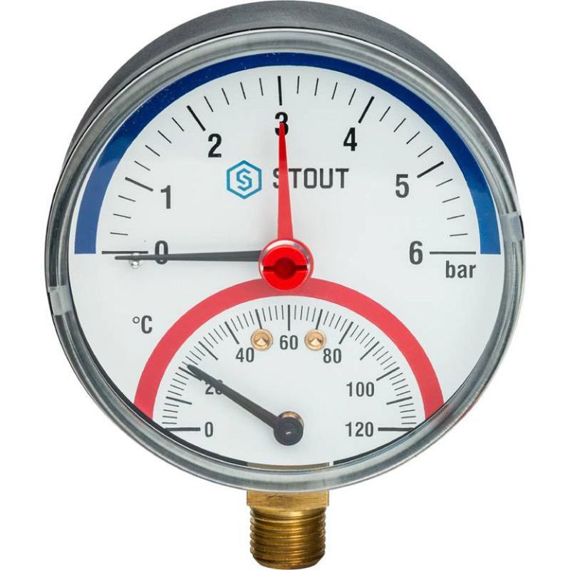 STOUT Термоманометр радиальный с запорным клапаном. Корпус Dn 80 мм 1/2" 0...120°C, 0-6 бар.