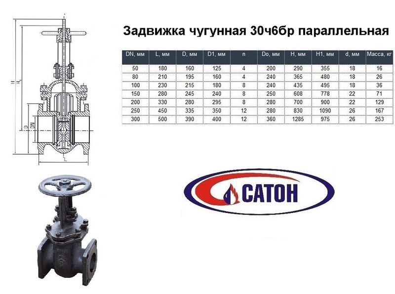 Задвижка чугун, фланцевая, ручная, с парал.затв. 30ч6бр Ду= 80мм, Ру=16(10)кгс/см2 Т=225 град.